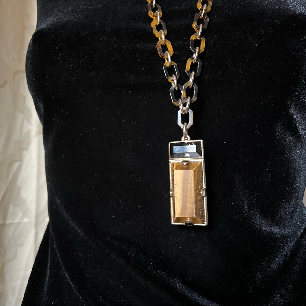 Funky Vintage Statement Pendant Necklace Gold Black Tiger Eye Retro Unisex - Picture 2 of 8